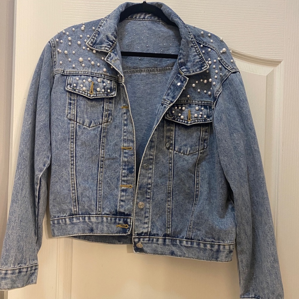 LifeShe Women's Embroidered Pearls Beading Denim Jean Jacket Coat